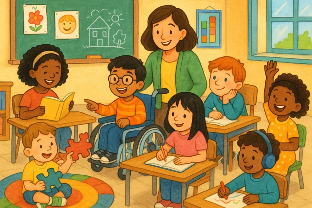 Niños y niñas diversos aprendiendo juntos en un aula inclusiva con apoyo docente.