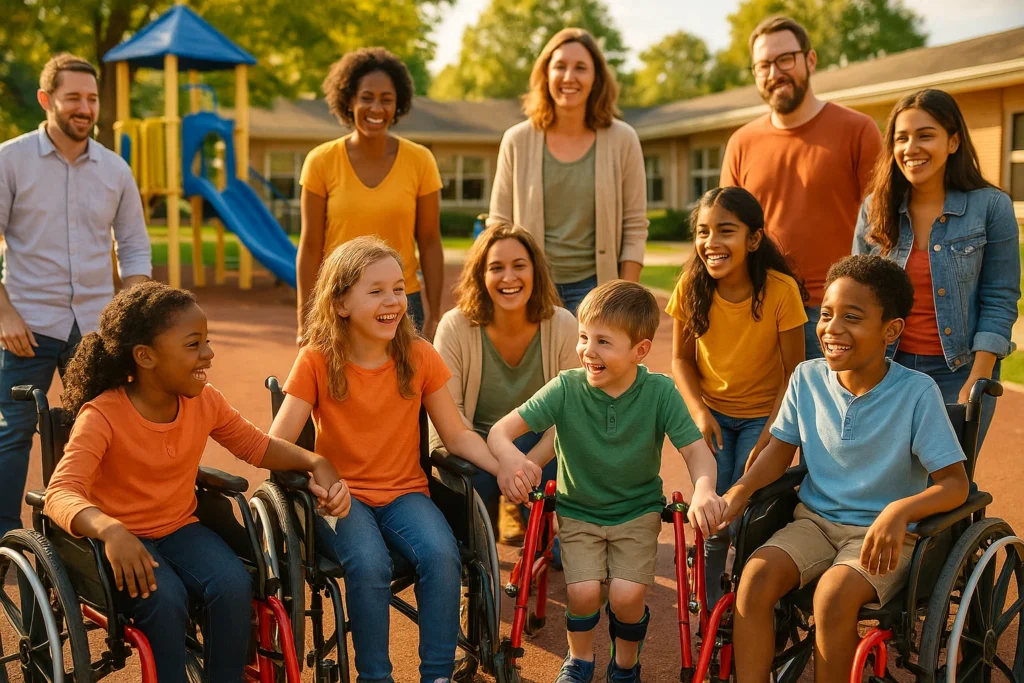 "Niño con parálisis cerebral sonriendo mientras realiza una actividad terapéutica junto a su fisioterapeuta, simbolizando inclusión y desarrollo."