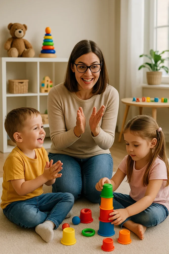 “Niño y niña jugando con una terapeuta infantil en una sesión de atención temprana, promoviendo lenguaje, movimiento y socialización.”