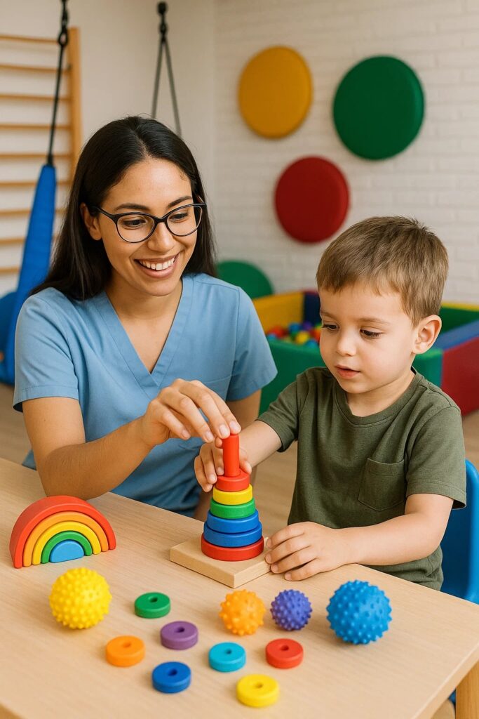 “Terapeuta ocupacional trabajando con un niño en actividades de motricidad fina, sensoriales y de socialización en un entorno adaptado e inclusivo.”