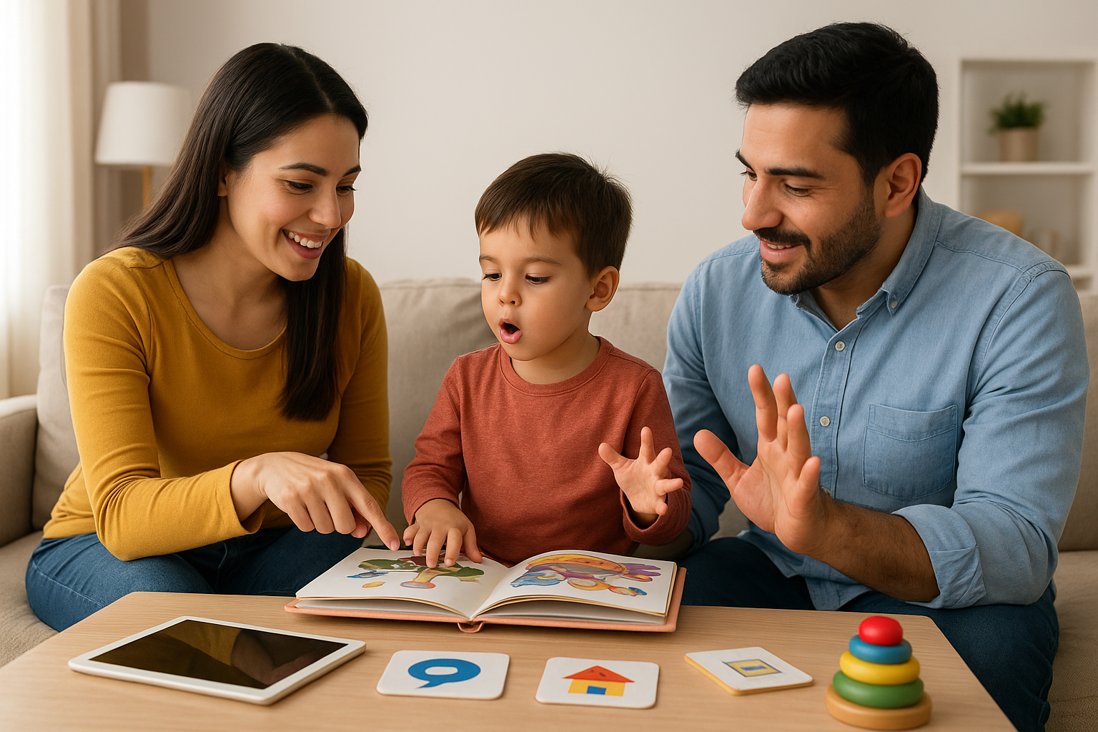 Familia jugando, leyendo y usando gestos con su hijo para estimular el lenguaje desde casa en un entorno cálido y educativo.