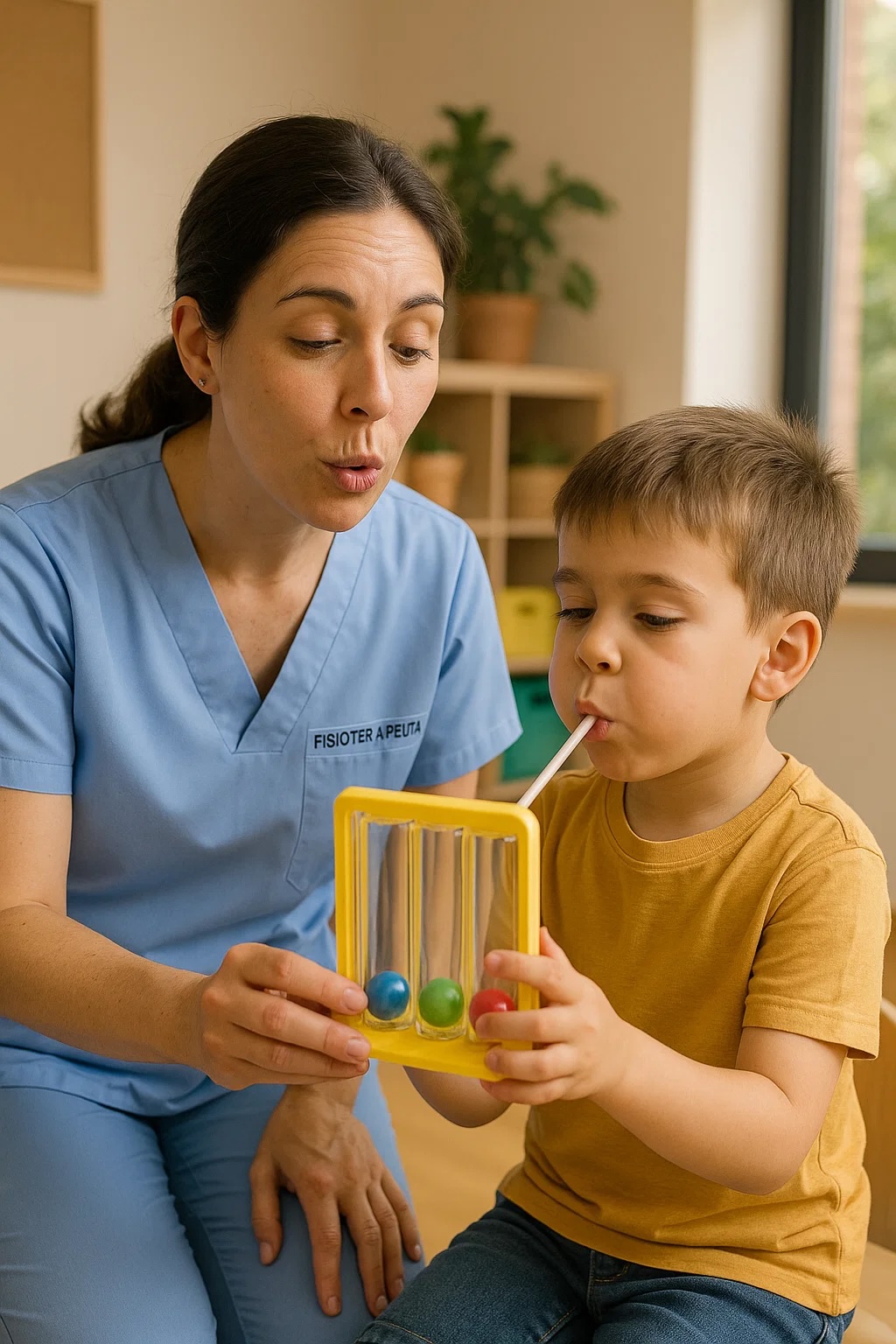 Niño realizando ejercicios de soplo con fisioterapeuta, sesión de fisioterapia respiratoria infantil para mejorar la salud pulmonar.