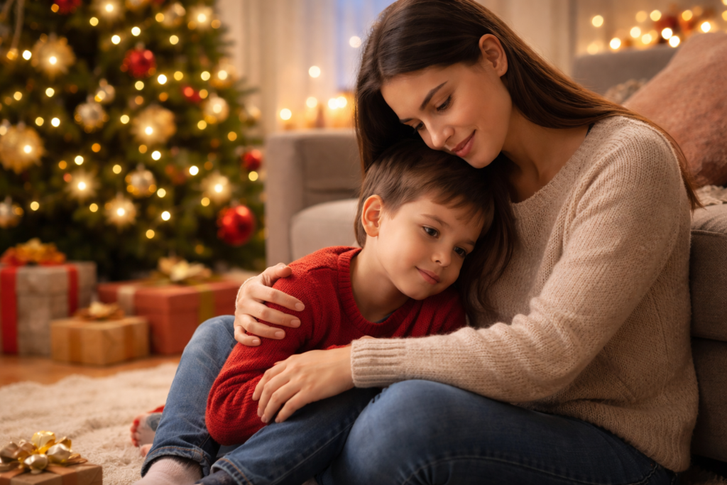 Adulto acompañando emocionalmente a un niño en un ambiente festivo tranquilo, con gestos de cercanía, calma y seguridad emocional.