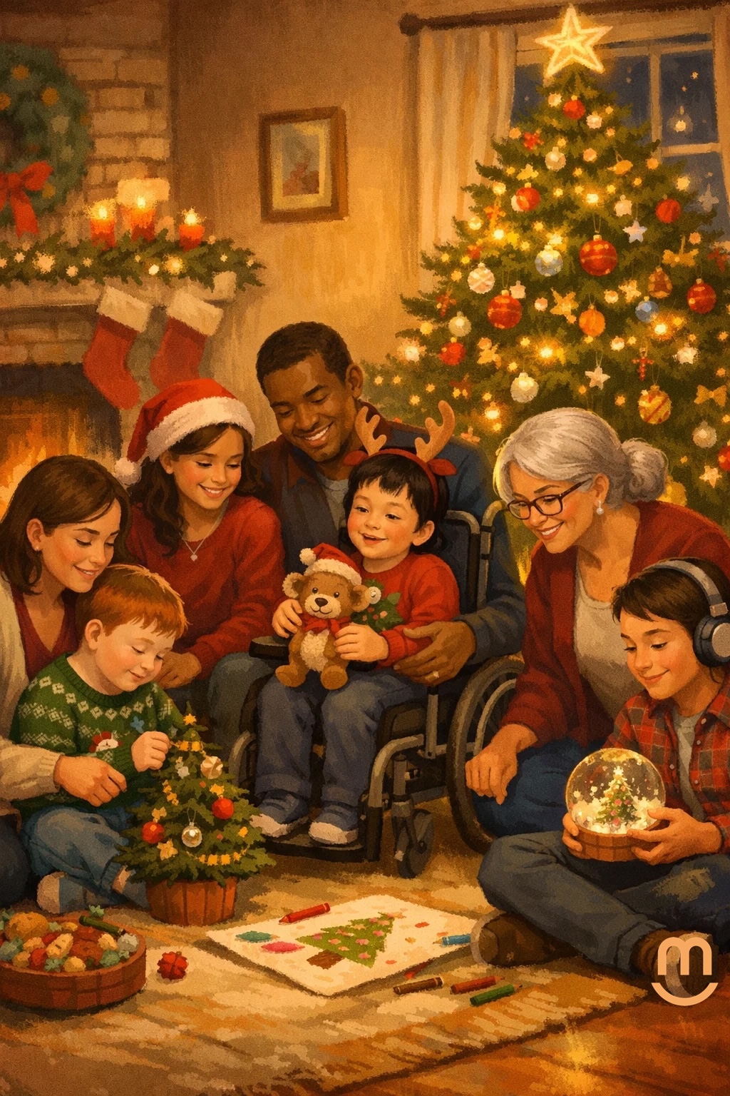 Familia diversa celebrando la Navidad de forma tranquila e inclusiva, con niños disfrutando en un ambiente acogedor, luces suaves y adultos acompañando emocionalmente.