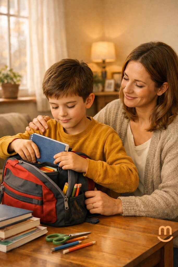 Niño regresando a la rutina diaria después de las fiestas, acompañado por un adulto en un ambiente tranquilo y seguro, transmitiendo apoyo emocional.