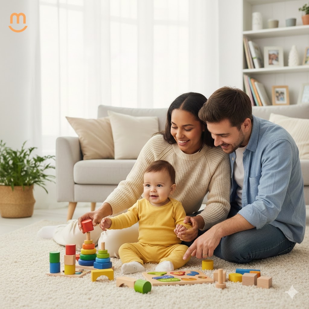 Madre y padre sentados en una alfombra jugando con cubos de madera junto a su hijo pequeño en un salón acogedor, mostrando una interacción positiva y atenta.