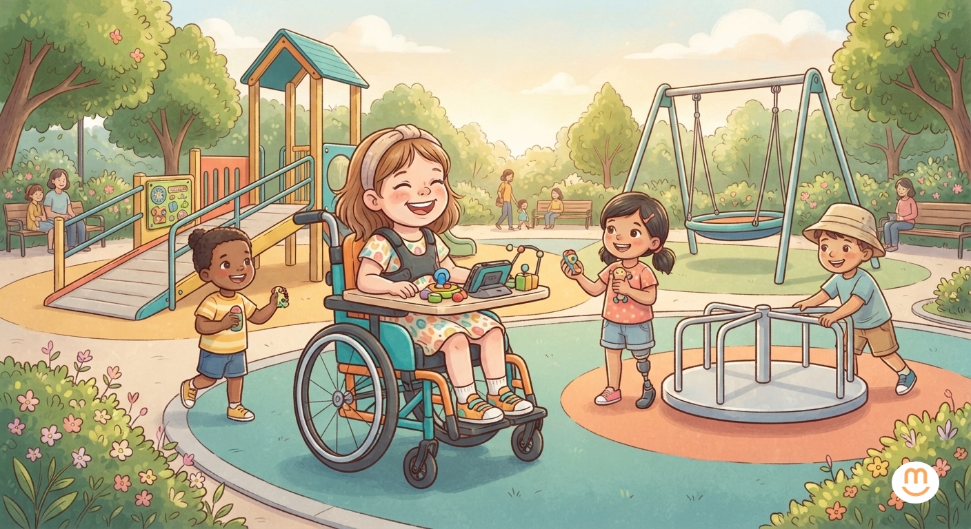 Niña con PC participando en un juego de parque adaptado con el apoyo de su terapeuta.